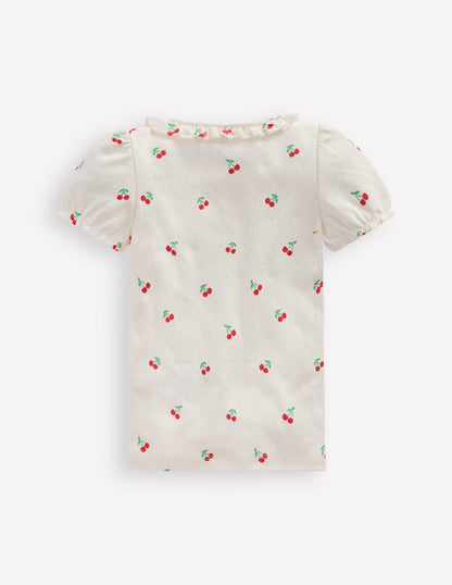 Short-sleeved Ruffle Pointelle-Ivory Cherries