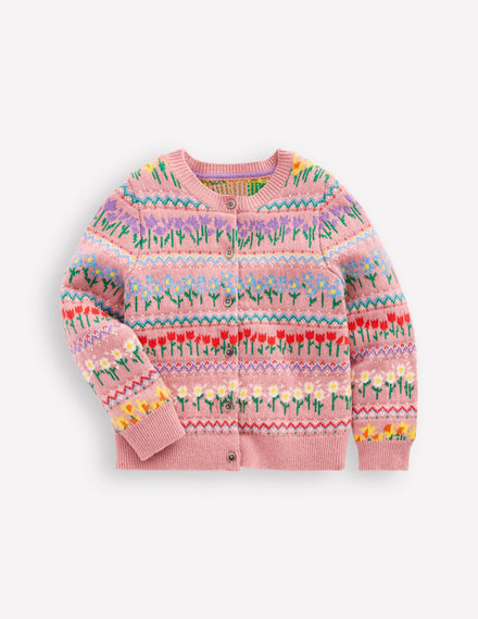 Edie Fair Isle Cardigan-Sea Pink Flowers