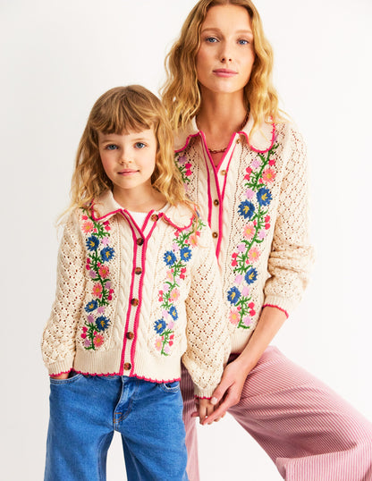 Cotton Embroidered Cardigan-Warm Ivory Floral