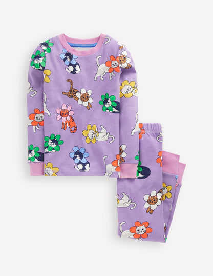 Snug Long John Pyjamas-Aster Purple Flower Cats