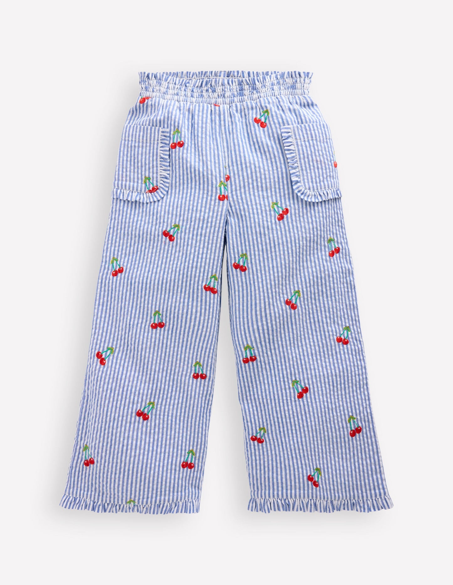 Nostalgic Frill Trousers-Blue Ticking Cherries