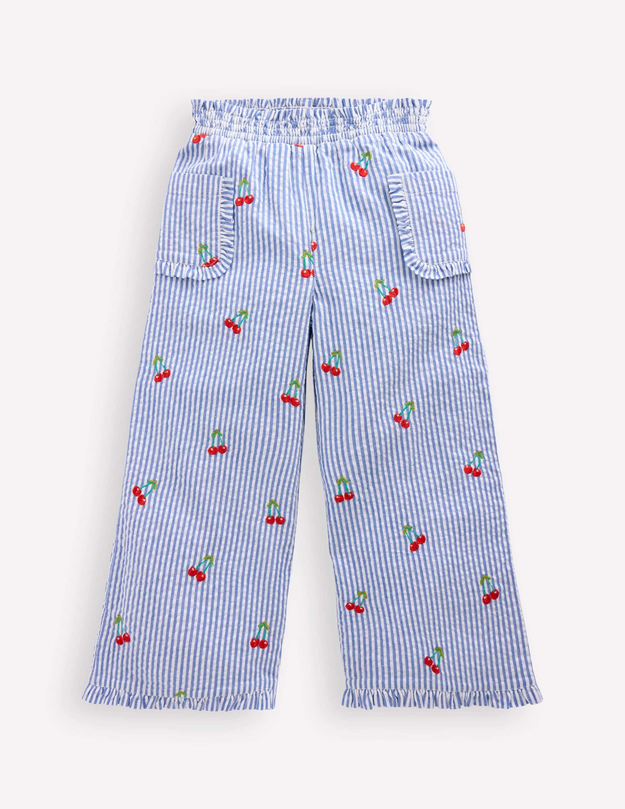 Nostalgic Frill Trousers-Blue Ticking Cherries - Image 1