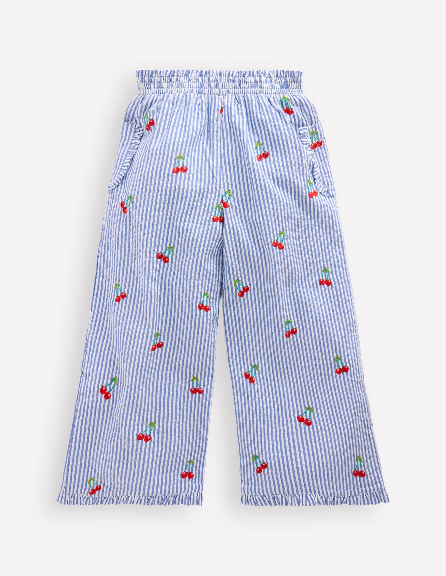 Nostalgic Frill Trousers-Blue Ticking Cherries