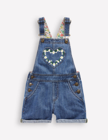 Heart Pocket Short Dungarees-Vintage Embroidered Daisy