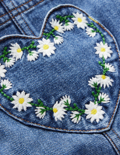 Heart Pocket Short Dungarees-Vintage Embroidered Daisy