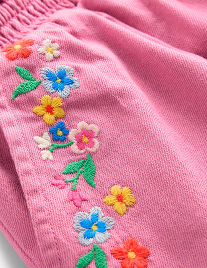 Pull-On Shorts-Pink Embroidered