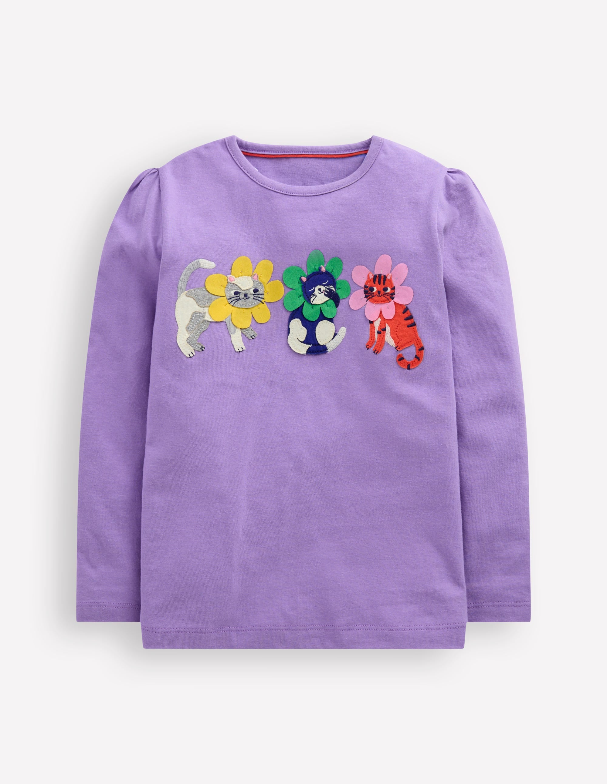 Puff Sleeve Applique T-Shirt-Aster Purple Flower Cats - Image 1