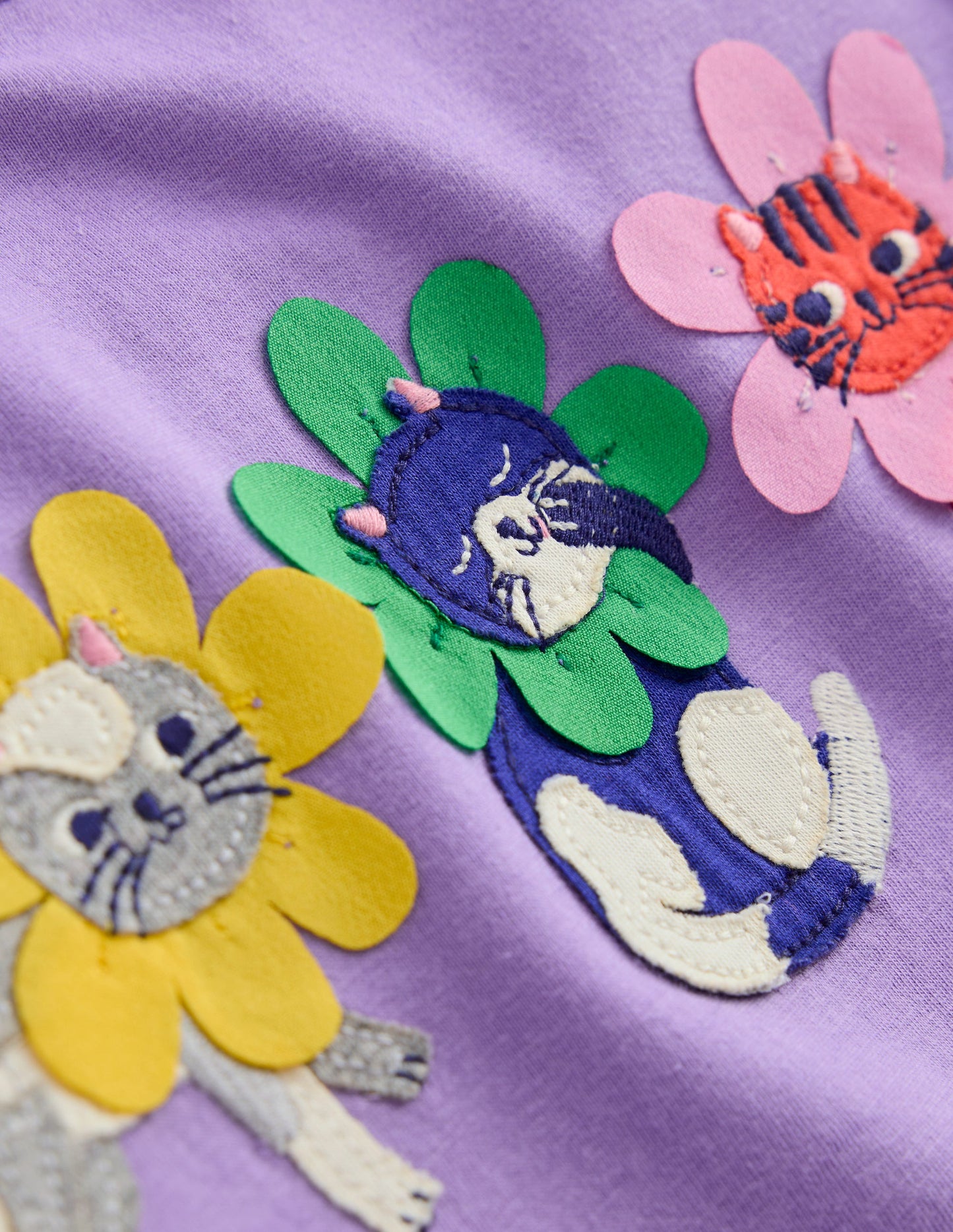 Puff Sleeve Applique T-Shirt-Aster Purple Flower Cats