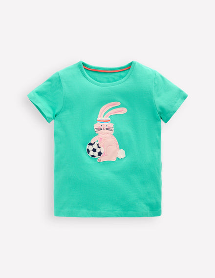 Short Sleeve Applique T-shirt-Turquoise Blue Bunny