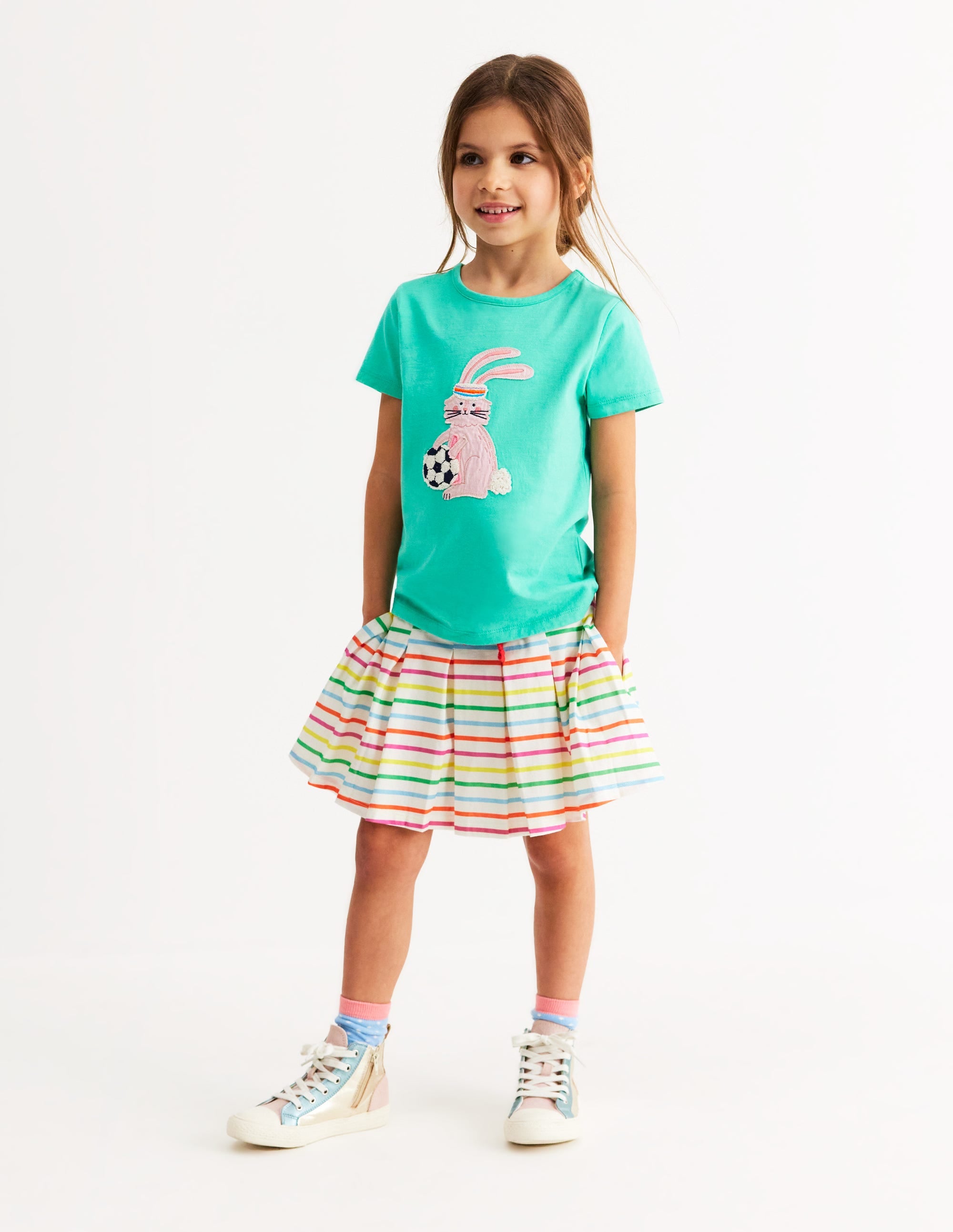 Short Sleeve Appliqué T-shirt-Turquoise Blue Bunny - Image 4