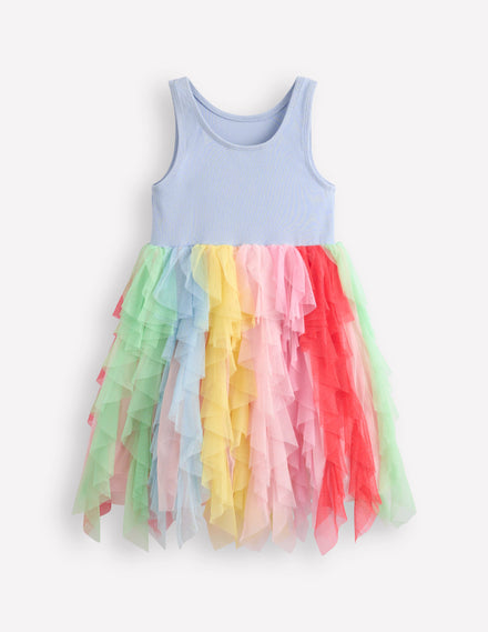 Jersey Tulle Mix Dress-Misty Blue Rainbow