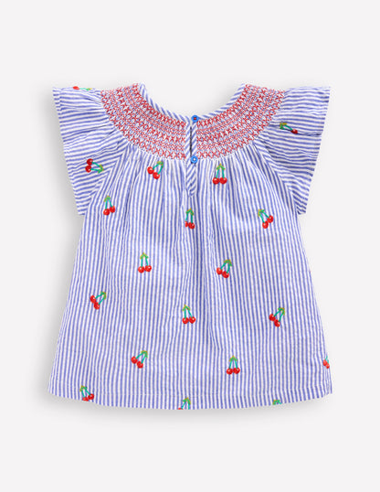 Woven Smocked Top-Blue Ticking Cherries