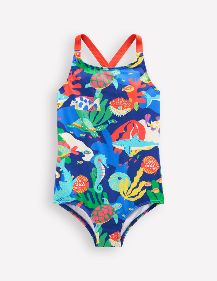 Cross-back Printed Swimsuit-Blue Reef