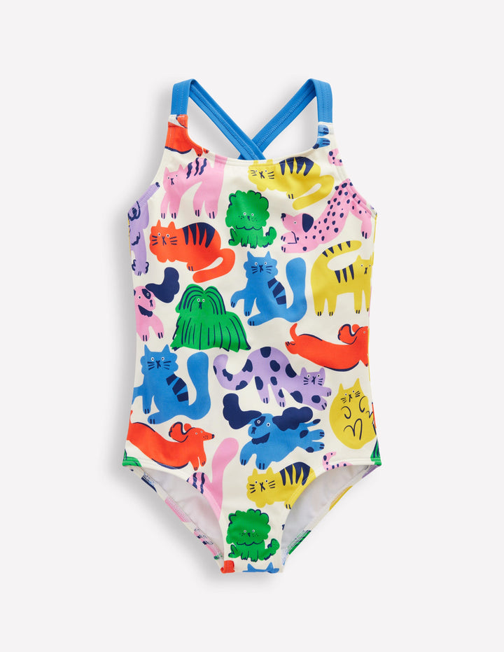 Cross-back Printed Swimsuit-Multi Oatmeal Rainbow Pets