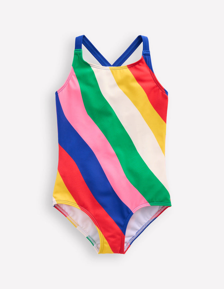 Cross-back Printed Swimsuit-Multi Rainbow Swirl