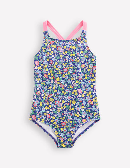 Cross-Back Printed Swimsuit-Sapphire Blue Nautical Floral