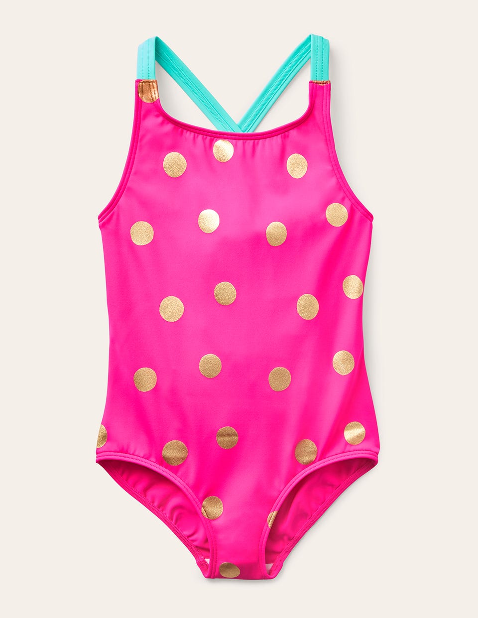 Cross-Back Printed Swimsuit-Fuchsia Pink, Gold Foil Spot