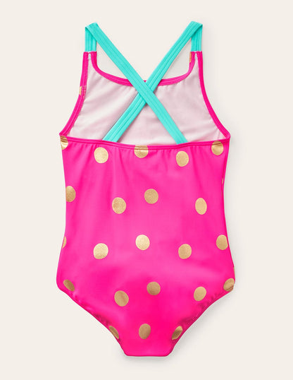 Cross-Back Printed Swimsuit-Fuchsia Pink, Gold Foil Spot