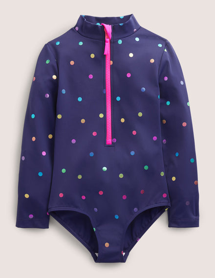 Long-Sleeved Swimsuit-Navy Rainbow Confetti Spot