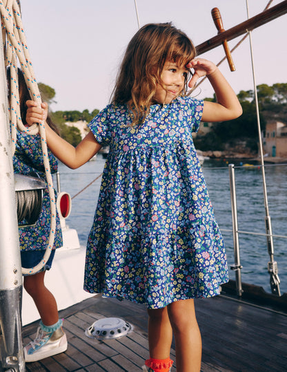 Ariel Twirly Jersey Dress-Sapphire Blue Nautical Floral