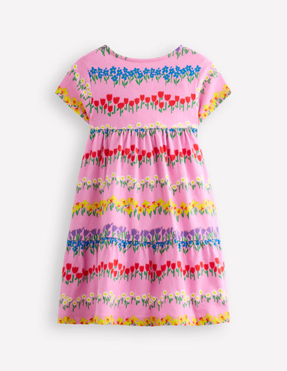 Ariel Twirly Jersey Dress-Cosmos Pink Floral Stripe