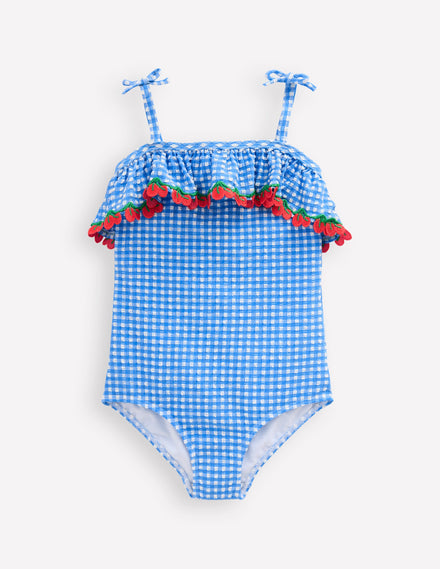 Frill Tie Detail Swimsuit-Blue Gingham Cherries