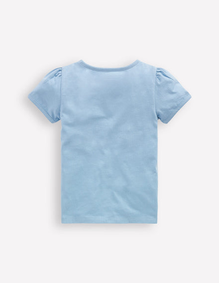 Puff Sleeve Appliqué T-shirt-Glacier Blue Unicorns