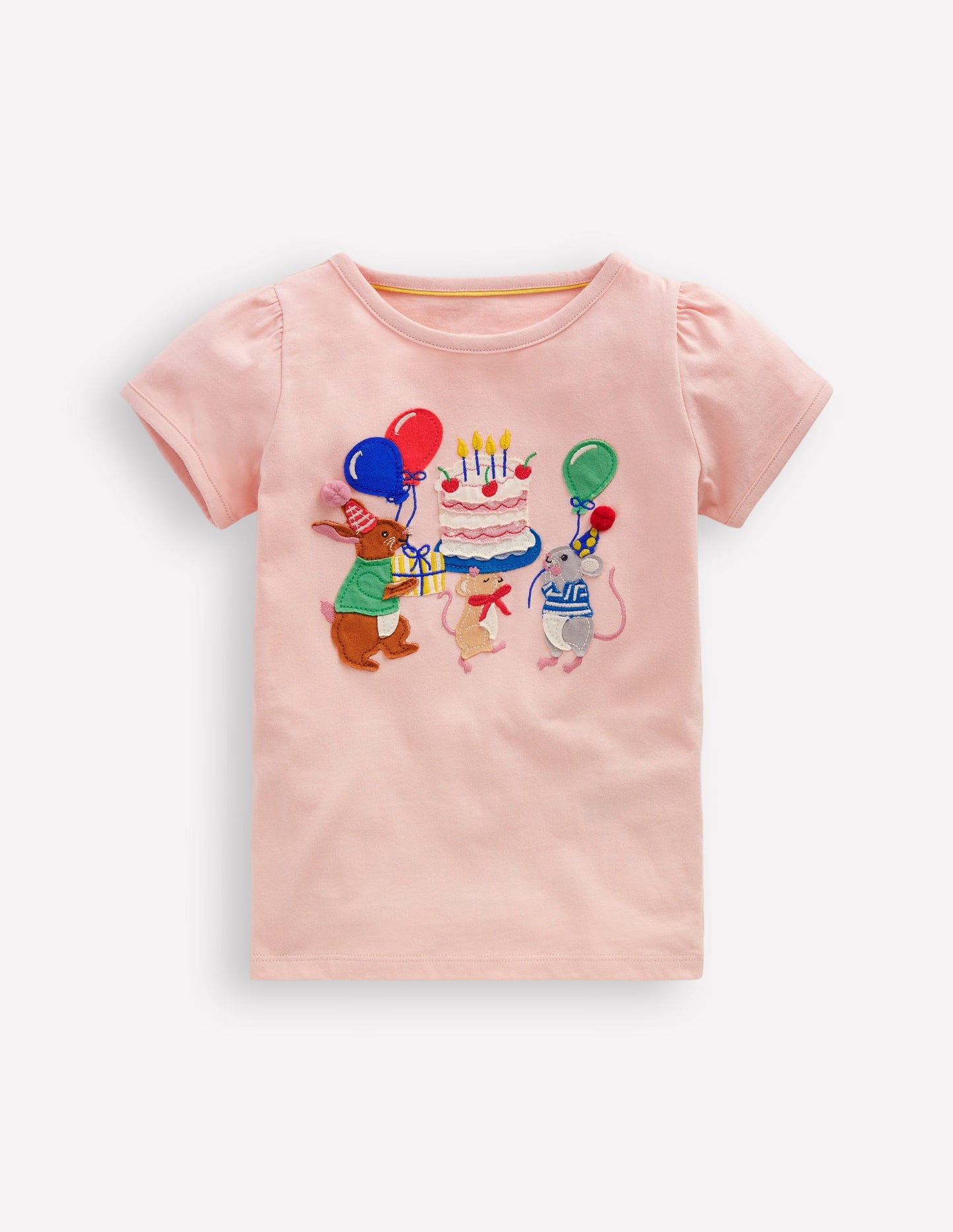 Puff Sleeve Applique T-Shirt-Chalk Pink Birthday Friends