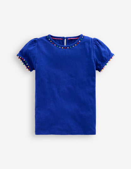 Ali Puff Sleeve Pom T-Shirt-Bright Blue