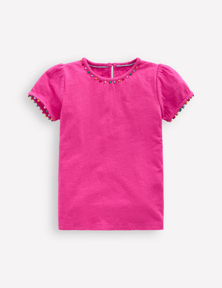 Ali Puff Sleeve Pom T-Shirt-Flamingo Pink