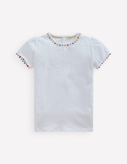 Ali Puff Sleeve Pom T-Shirt-White