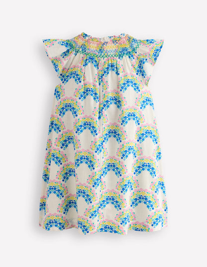 Holiday Smocked Dress-Soft Ivory Rainbow Shells