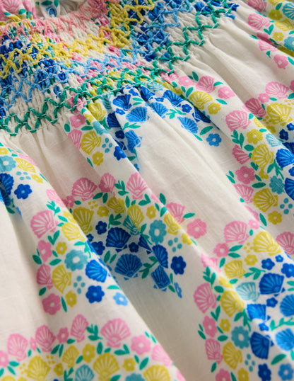 Holiday Smocked Dress-Soft Ivory Rainbow Shells