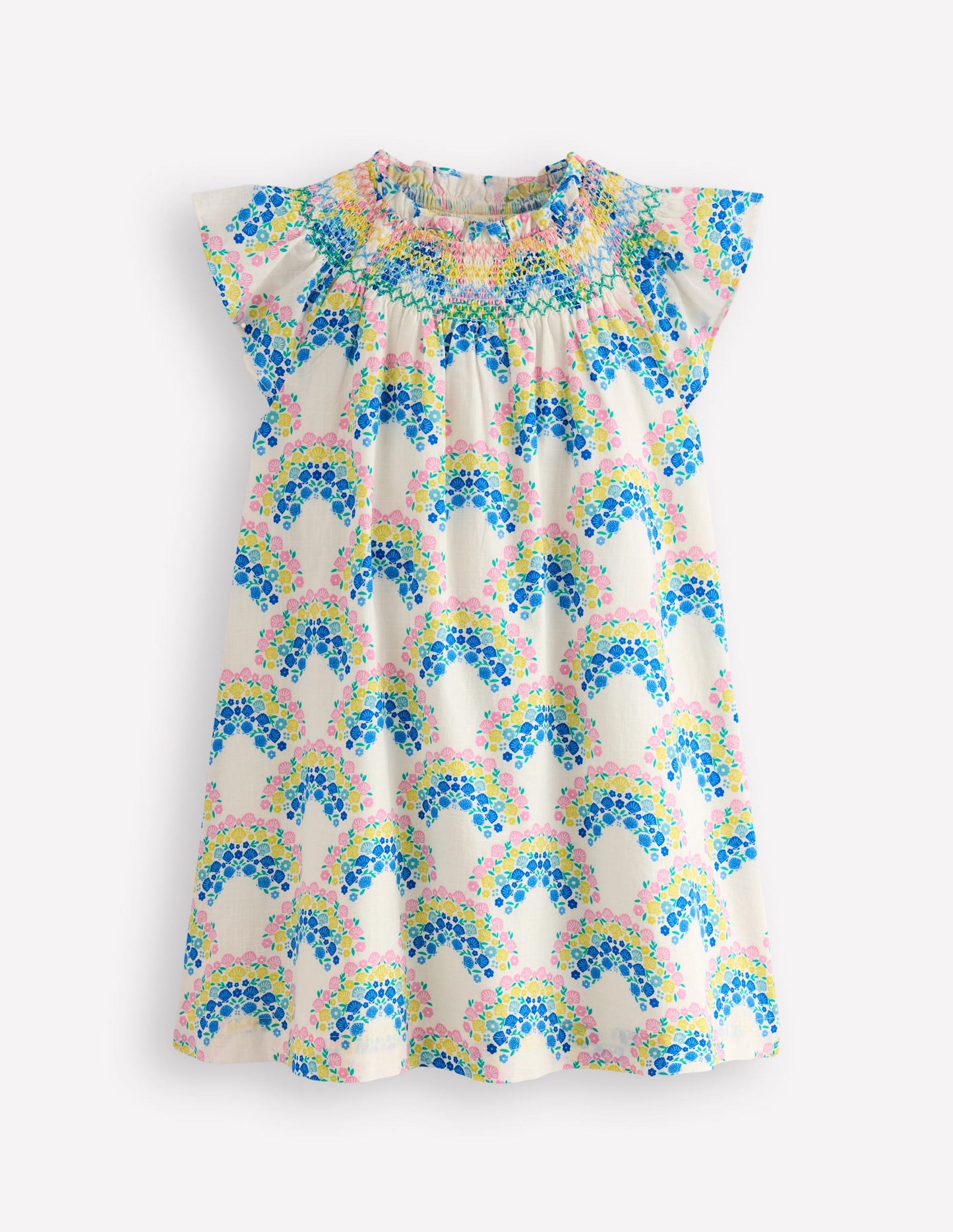 Holiday Smocked Dress-Soft Ivory Rainbow Shells
