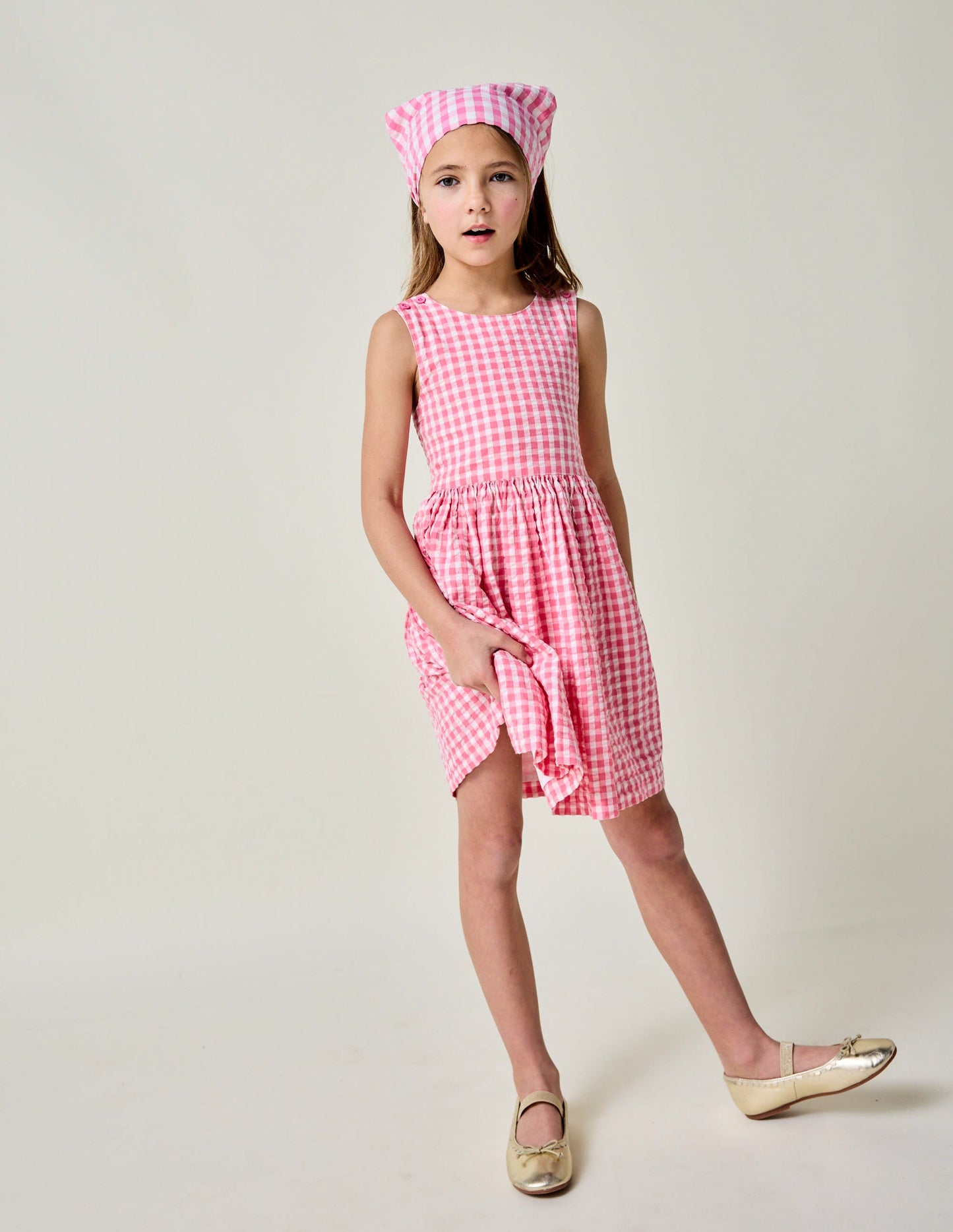 Applique Cross-Back Dress-Pink Gingham Strawberry