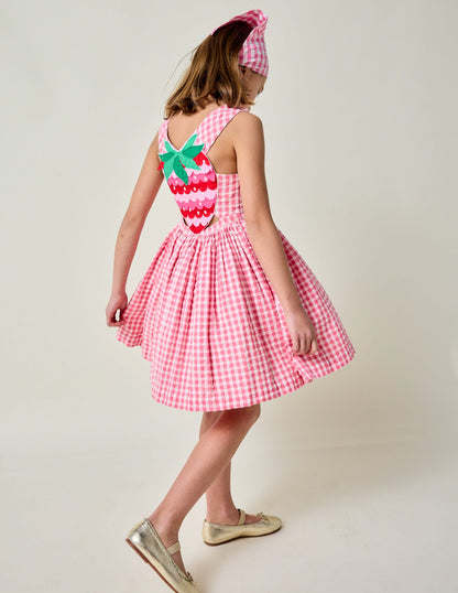 Applique Cross-Back Dress-Pink Gingham Strawberry