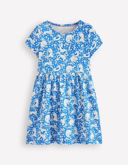 Heart Pocket Fun Jersey Dress-Kingfisher Blue Kitten Meadow-1