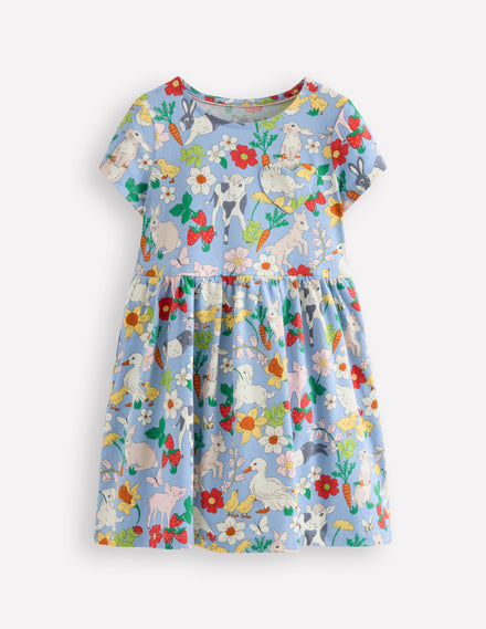 Heart Pocket Fun Jersey Dress-Misty Blue Spring Meadow