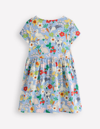 Heart Pocket Fun Jersey Dress-Misty Blue Spring Meadow