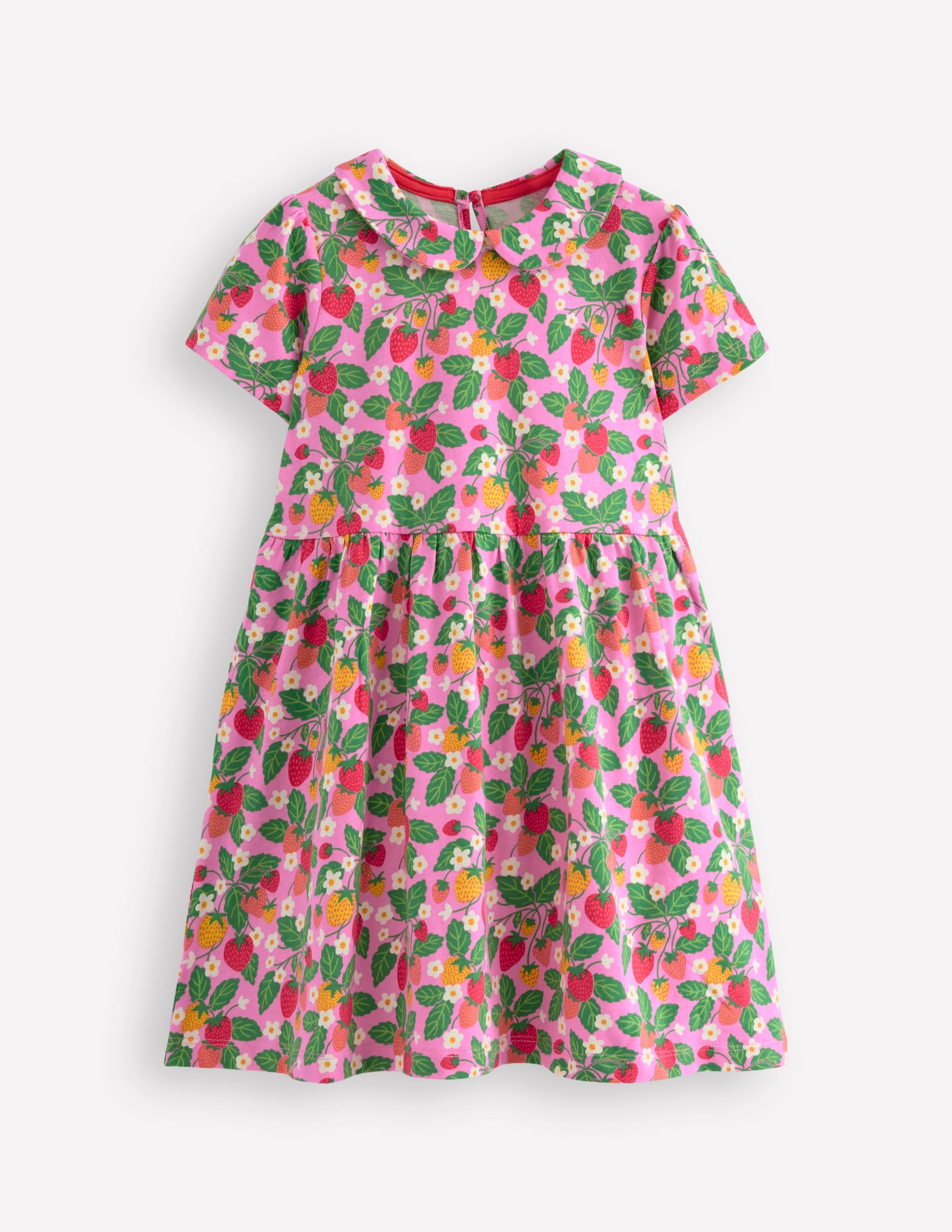 Peter Pan Collar Jersey Dress-Cosmos Pink Strawberry Patch - Image 1