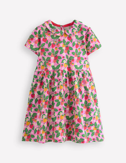 Peter Pan Collar Jersey Dress-Cosmos Pink Strawberry Patch