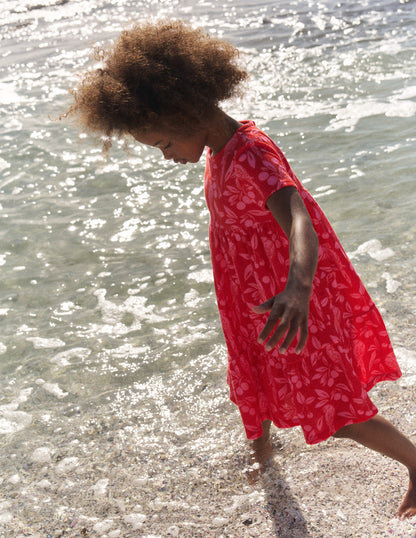 Ariel Twirly Towelling Dress-Poppy Red Parrot Palm-1
