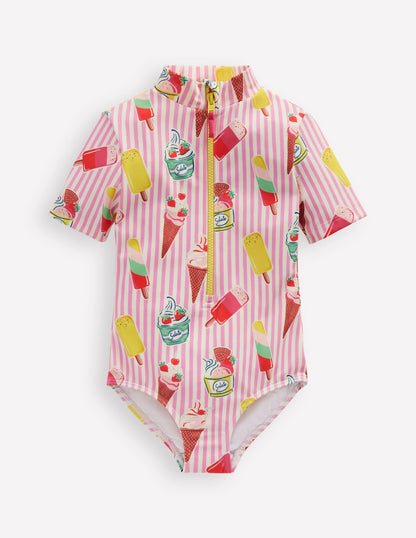 Short-sleeved Swimsuit-Vintage Pink Ice Cream Stripe