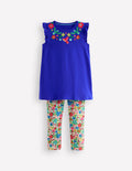 Frill Sleeve Tunic Set-Bright Blue Embroidery