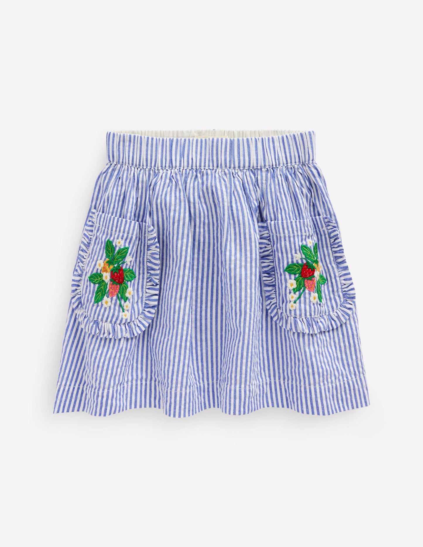 Applique Pocket Skirt-Blue Ticking Floral Stripe