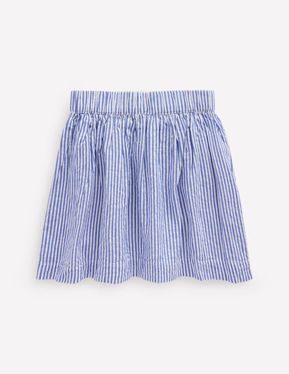 Applique Pocket Skirt-Blue Ticking Floral Stripe