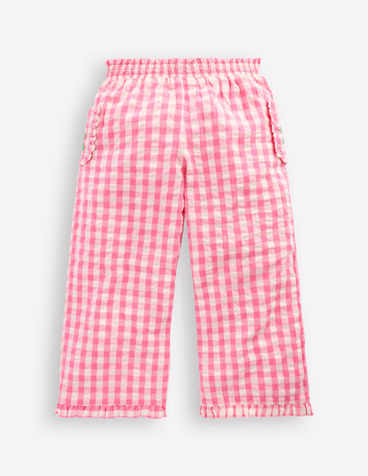 Nostalgic Frill Trousers-Pink Gingham Embroidered