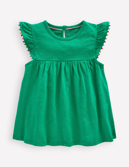 Frill Sleeve Pom Top-Bright Emerald