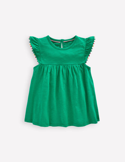 Frill Sleeve Pom Top-Bright Emerald-1