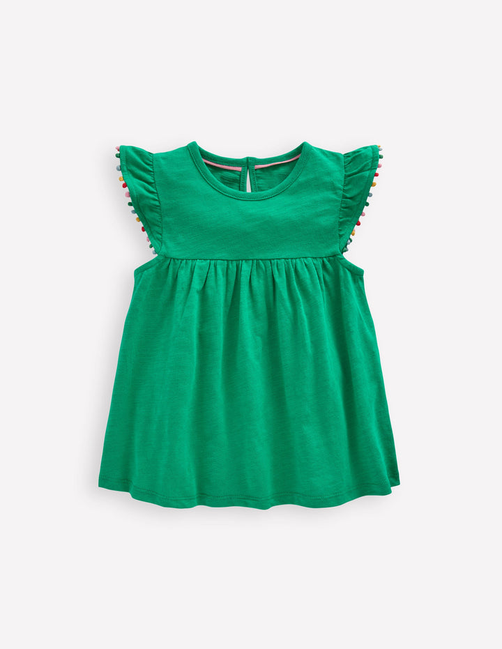 Frill Sleeve Pom Top-Bright Emerald